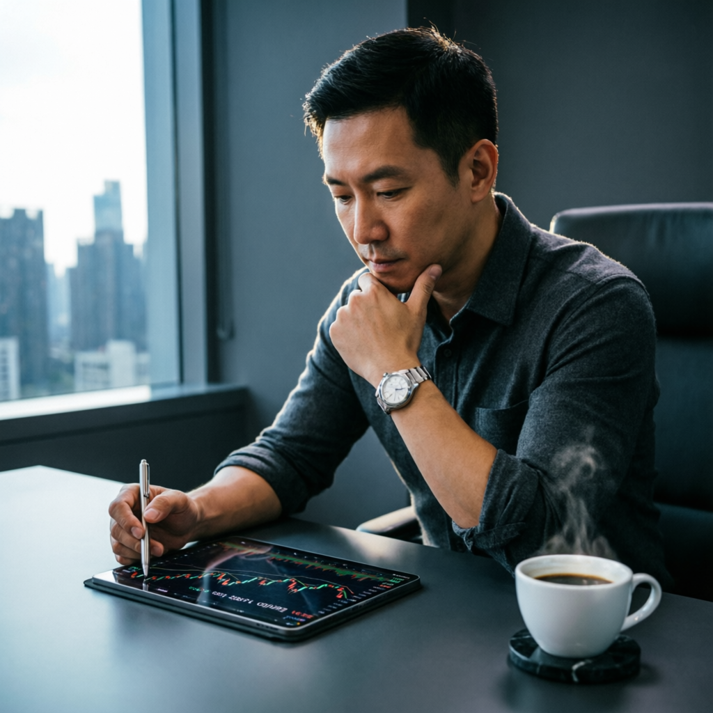 Professional trader analyzing charts on tablet with coffee