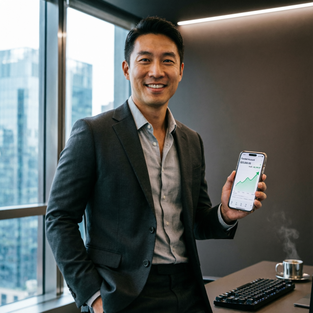 Happy client showing funded account profits on phone
