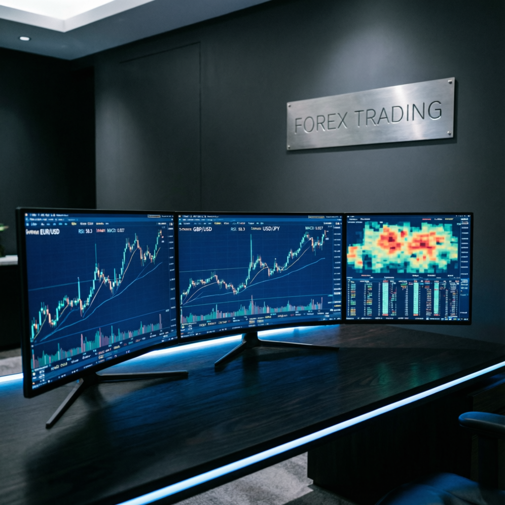 Professional forex trading setup with multiple monitors
