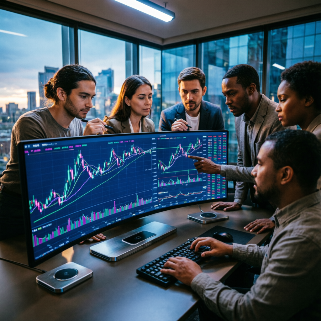 Professional trading team analyzing forex charts together