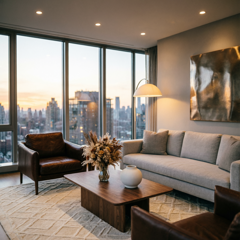 Luxury modern apartment living room interior with city view in Pune