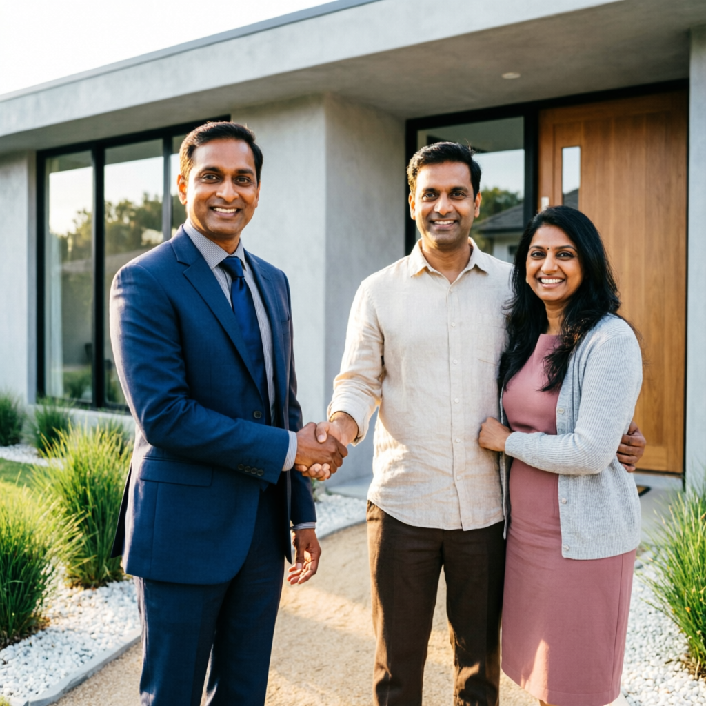 ASPIRE real estate agent shaking hands with happy clients after successful property deal in Pune