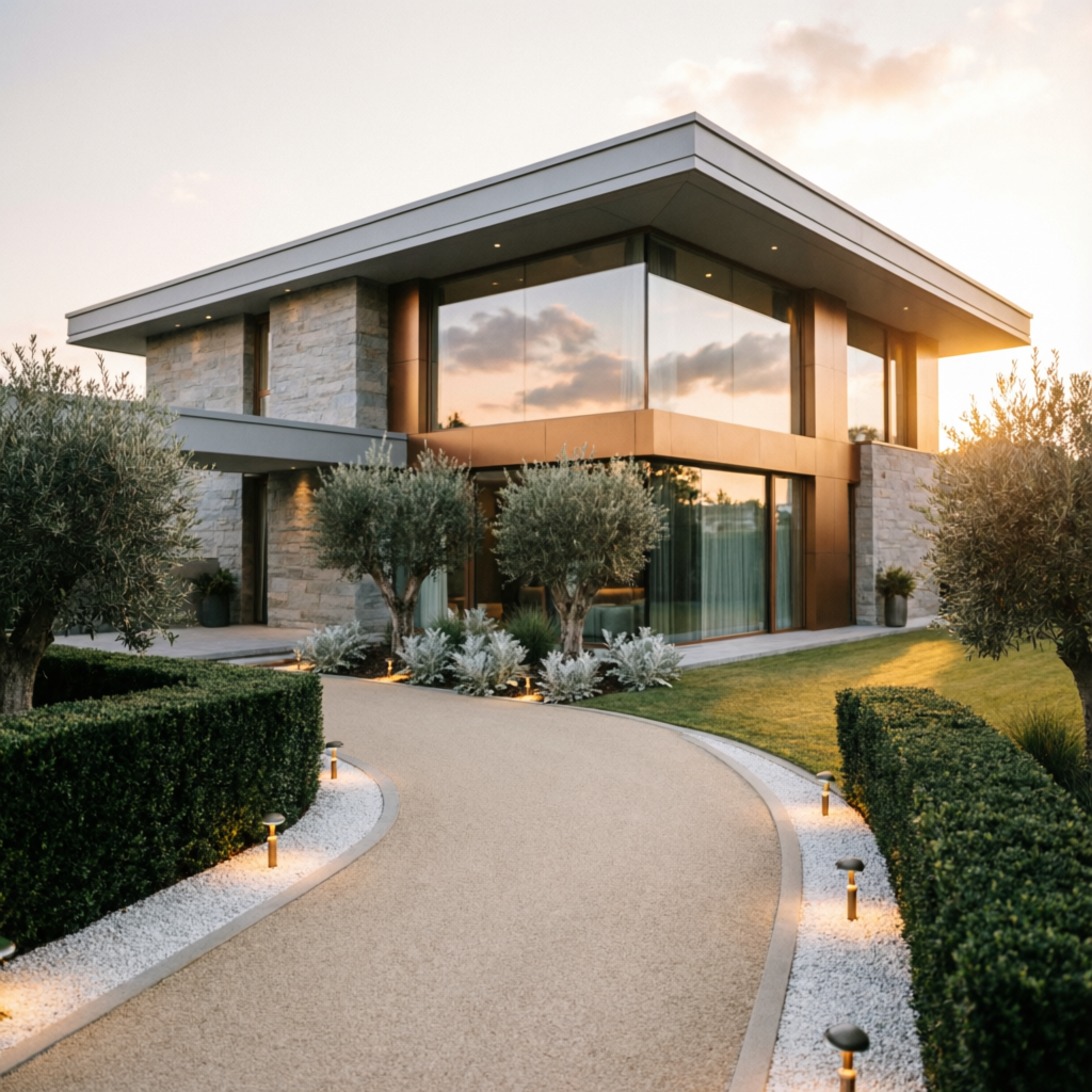 Elegant modern villa exterior with landscaped garden in Pune
