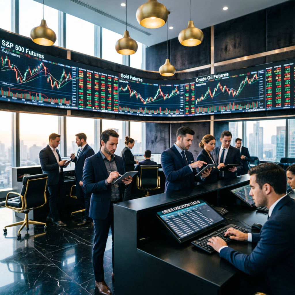 Professional trading floor with multiple futures markets