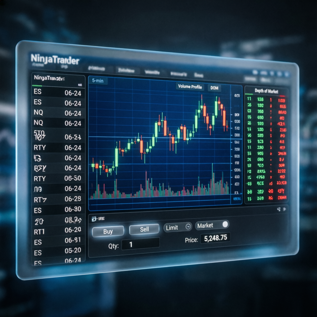 NinjaTrader platform interface showing futures trading charts
