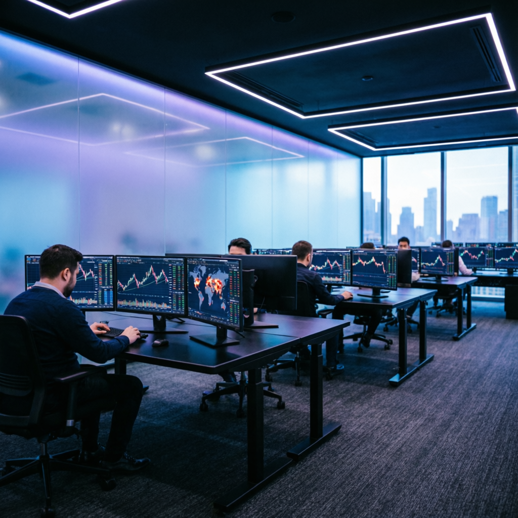 Professional prop firm trading floor with multiple traders at workstations