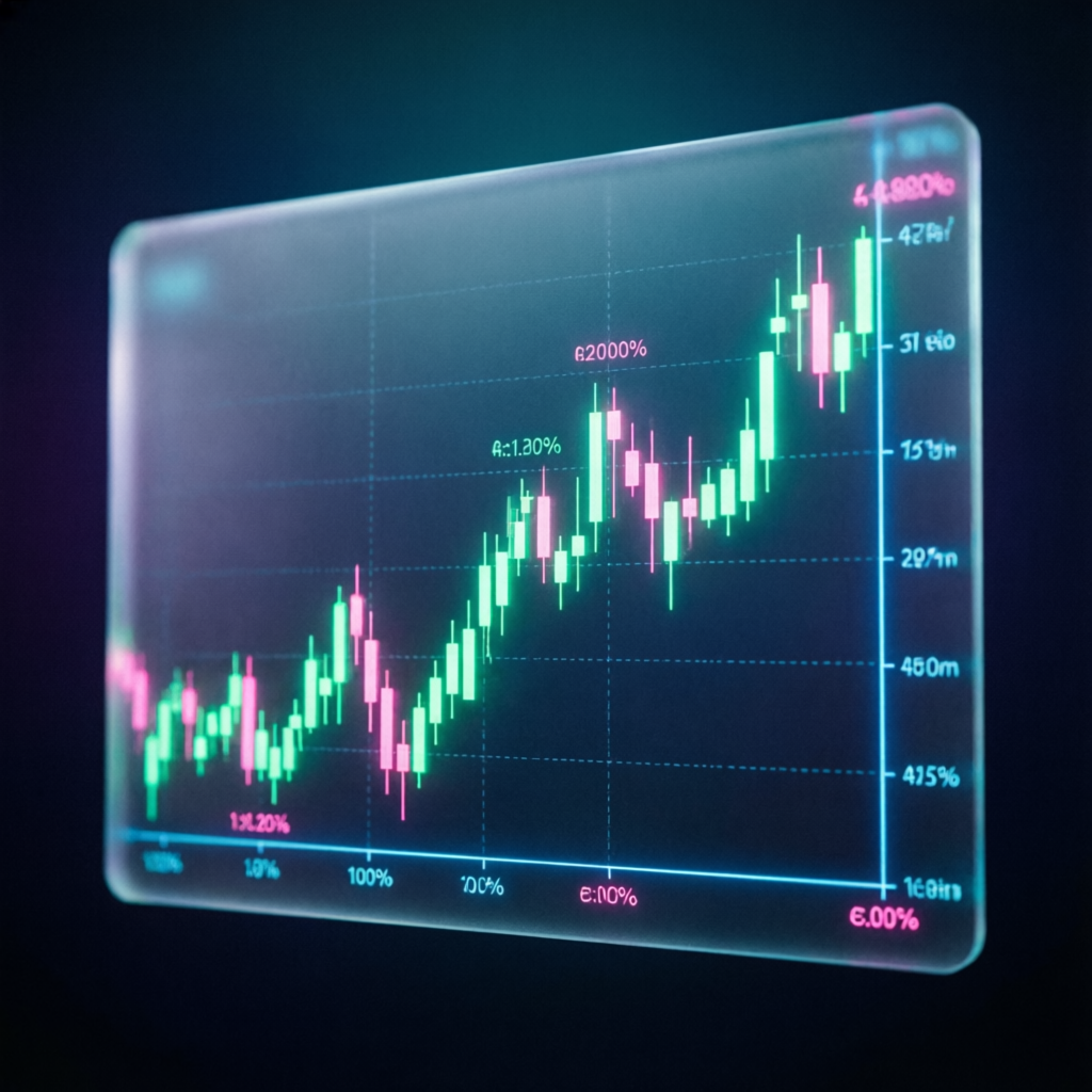 Futures trading chart with green profit candles and upward trend