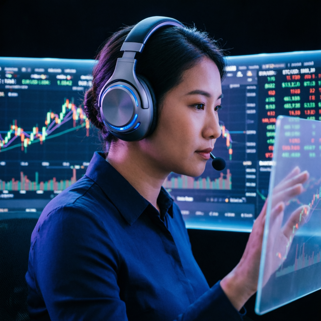 Professional customer support representative assisting traders