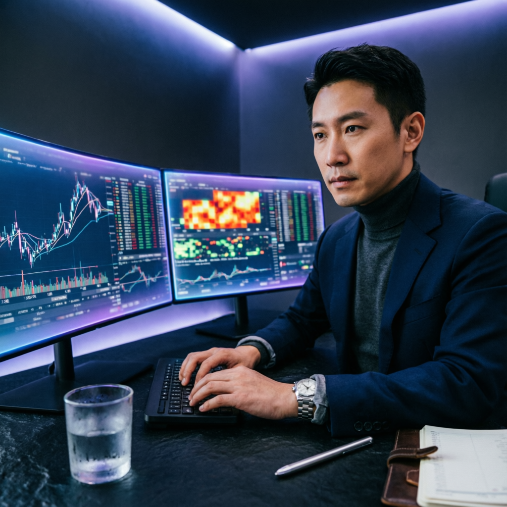 Professional forex trader working on multiple monitors