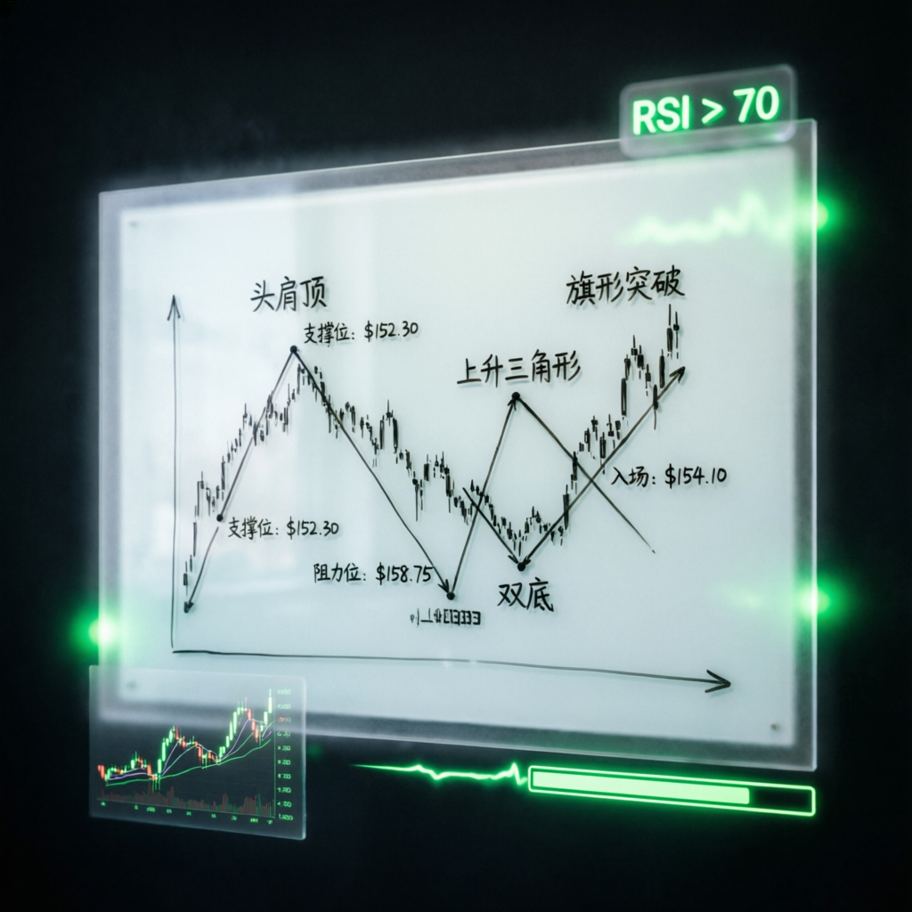 Trading strategy whiteboard with technical analysis patterns