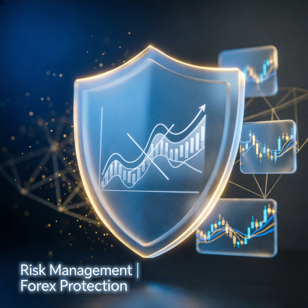 Risk management shield protecting forex trading accounts