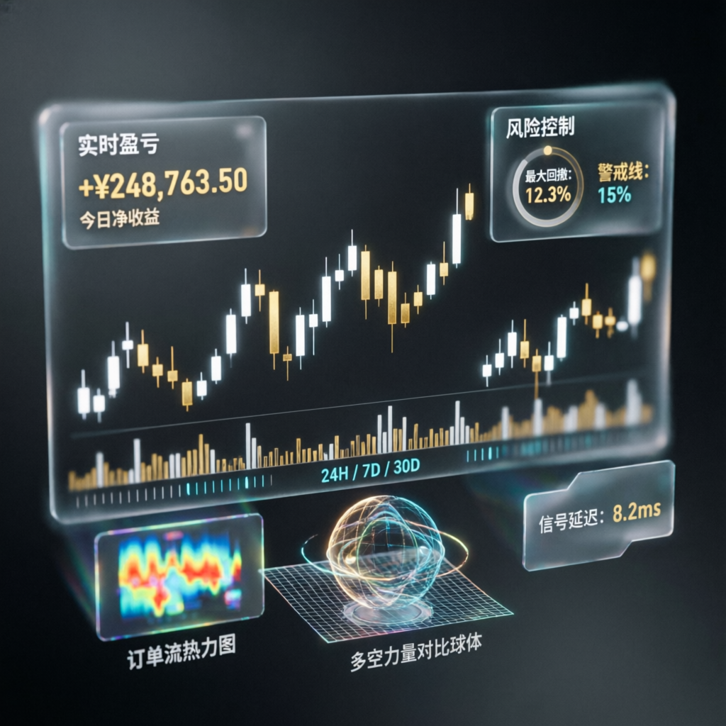 Futuristic trading dashboard showing financial data and analytics