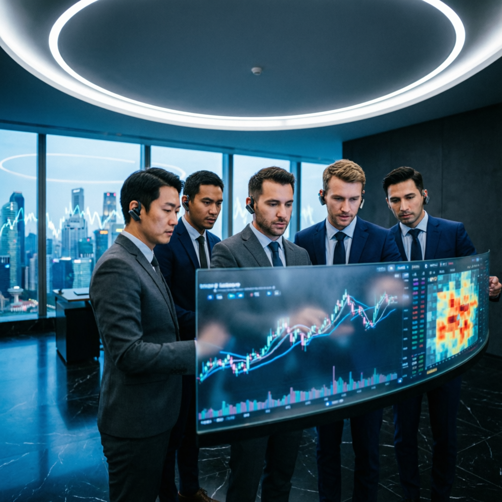 Professional trading team collaborating on financial analysis
