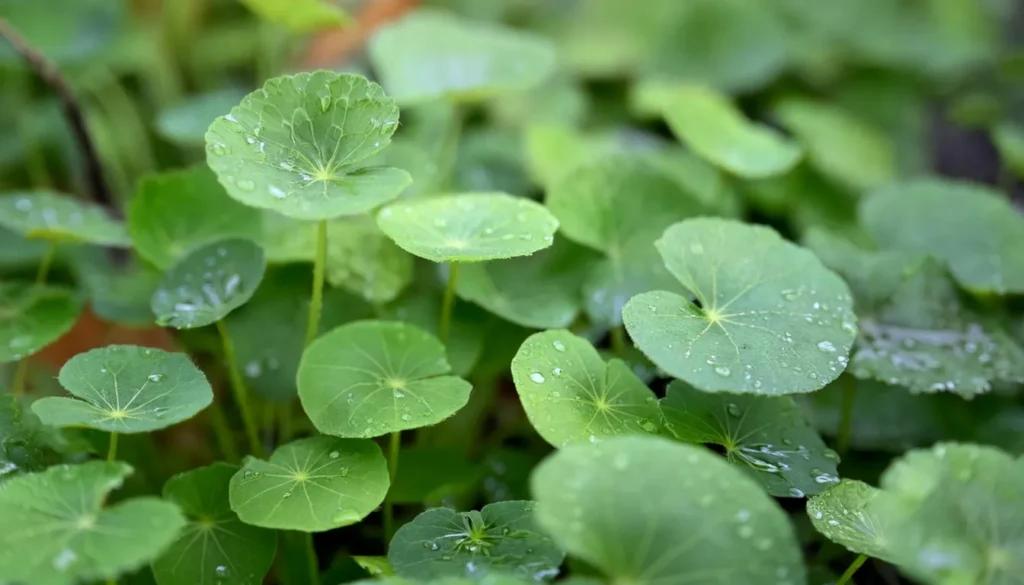Hojas redondeadas de sombrerillo (Hydrocotyle leucocephala)
