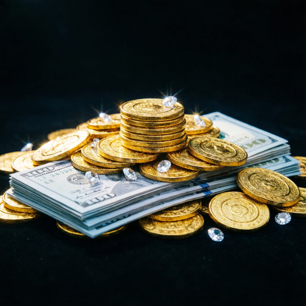 Celebration of successful funded trader payout with golden coins and cash