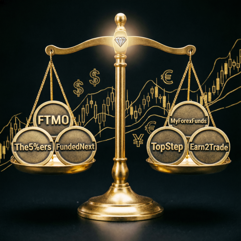 Golden scales comparing different prop firms including FTMO, TopStep, and others