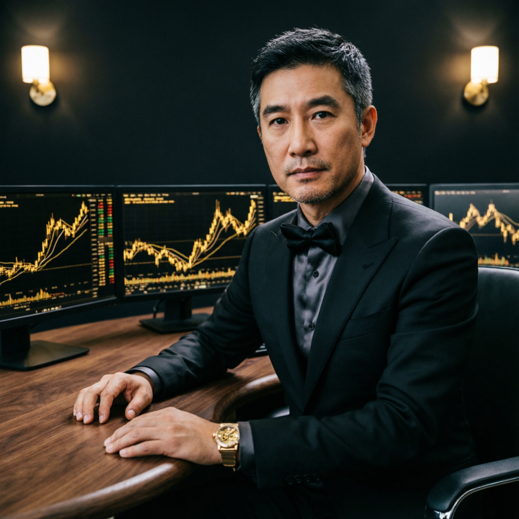 Elite forex trader at premium trading desk with golden charts - Apex Trader Funding expert