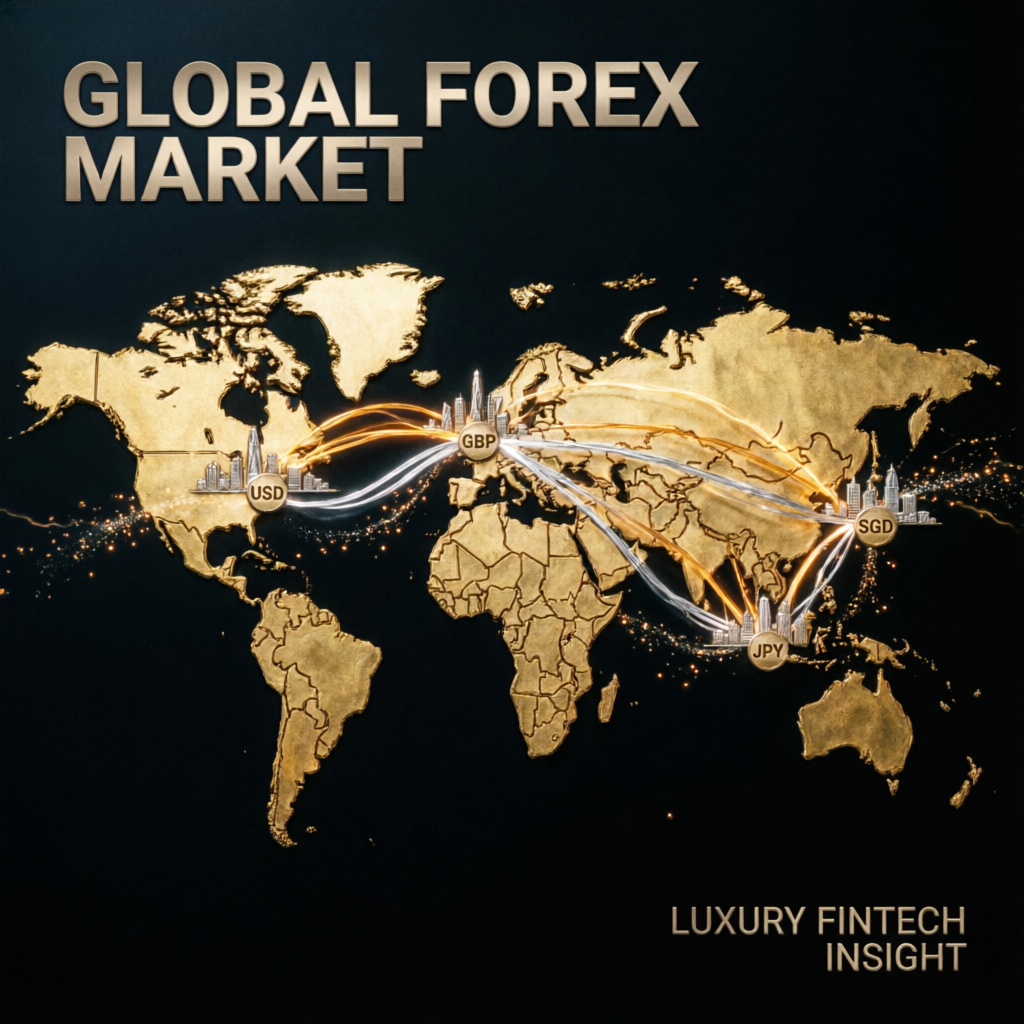Global forex market visualization with golden world map showing international trading connections