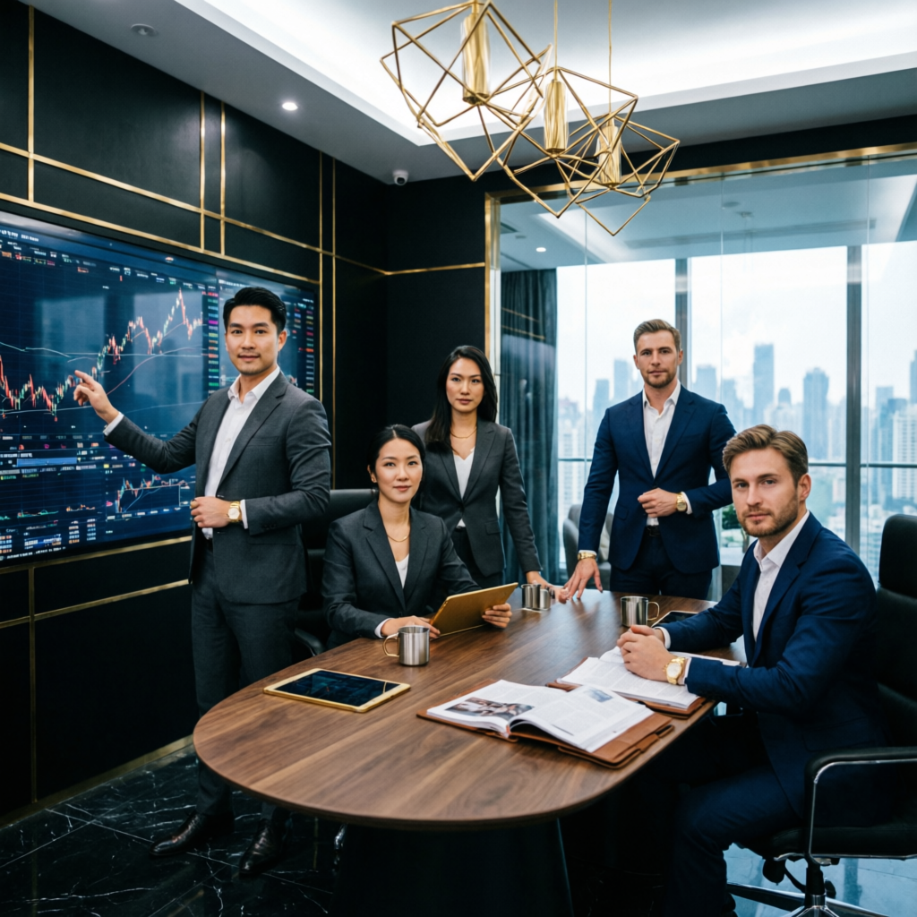 Professional trading team of experts in luxury office environment