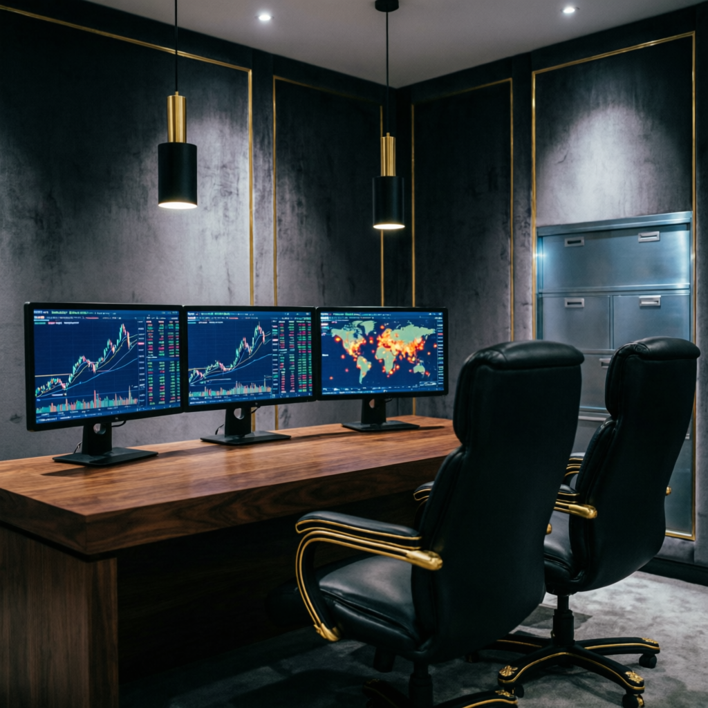 Luxury private trading office with multiple monitors and premium equipment