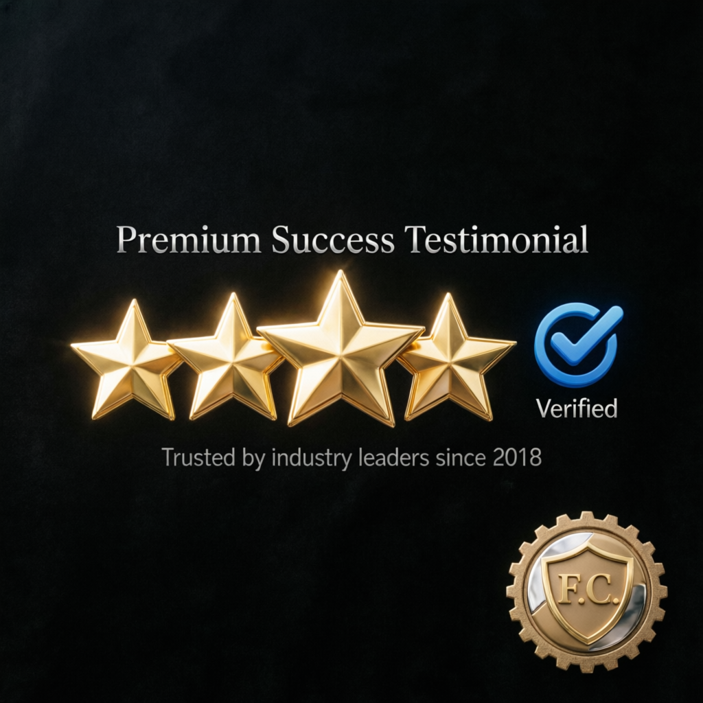 Premium success testimonial with golden five-star rating and verified badge