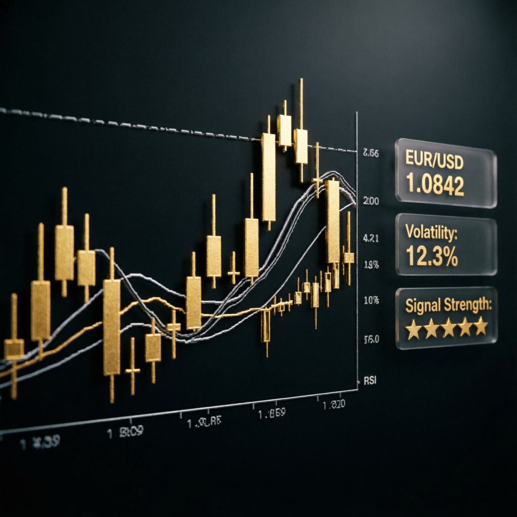Professional trading strategy analysis with golden candlestick patterns and technical indicators