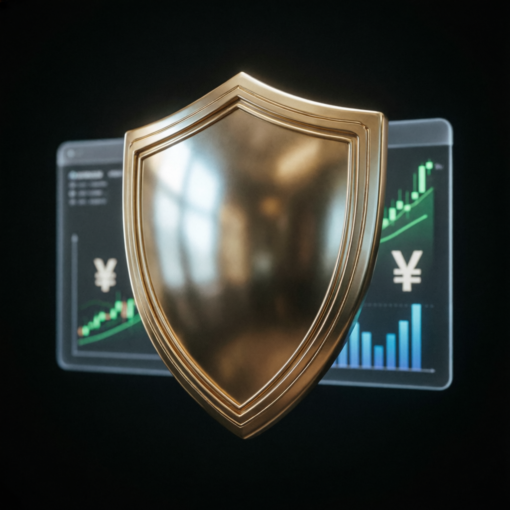 Golden shield protecting trading account representing risk management and drawdown protection