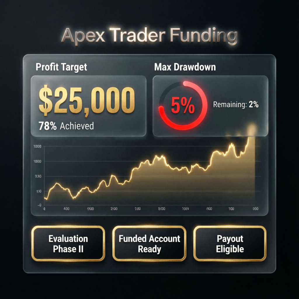Apex Trader Funding dashboard showing profit target and max drawdown metrics