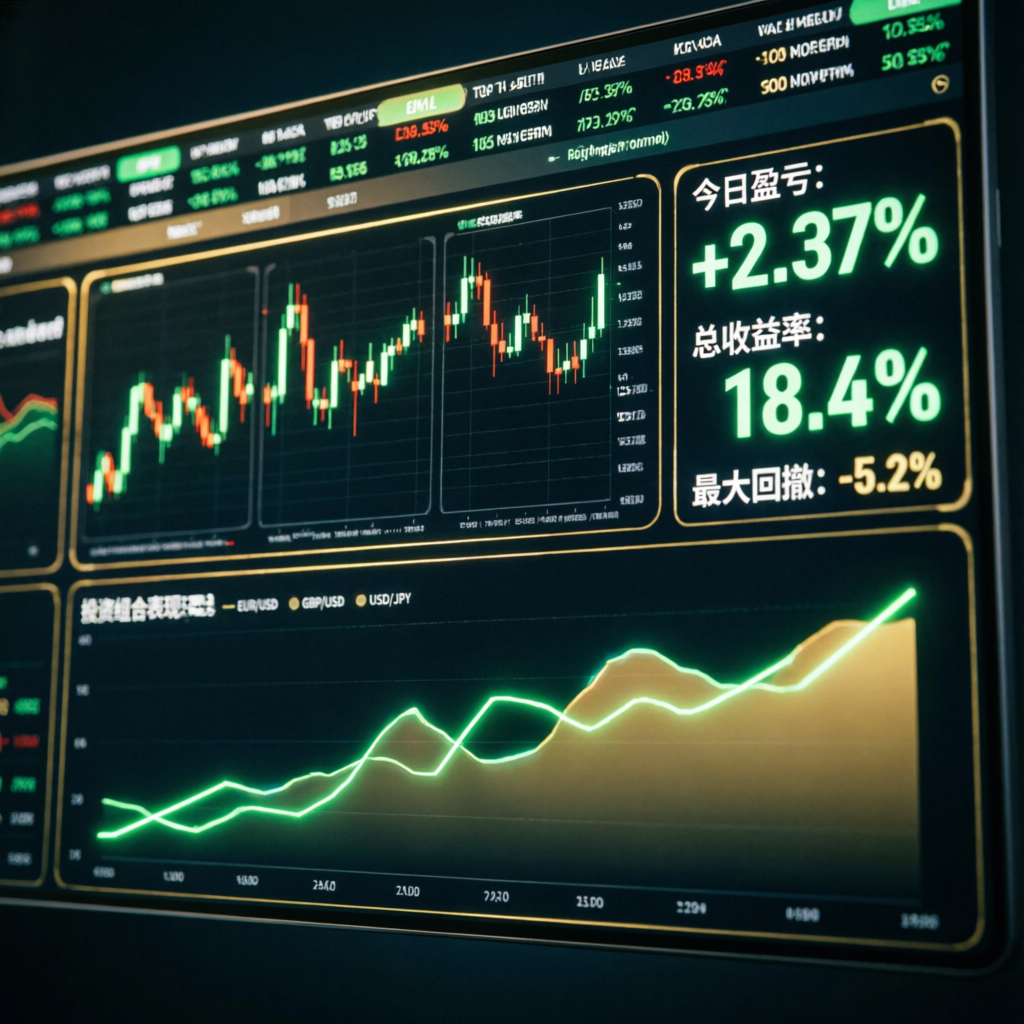Modern trading dashboard showing forex charts and performance metrics