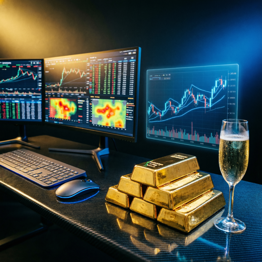Luxury trading setup with gold bars representing prop firm profits