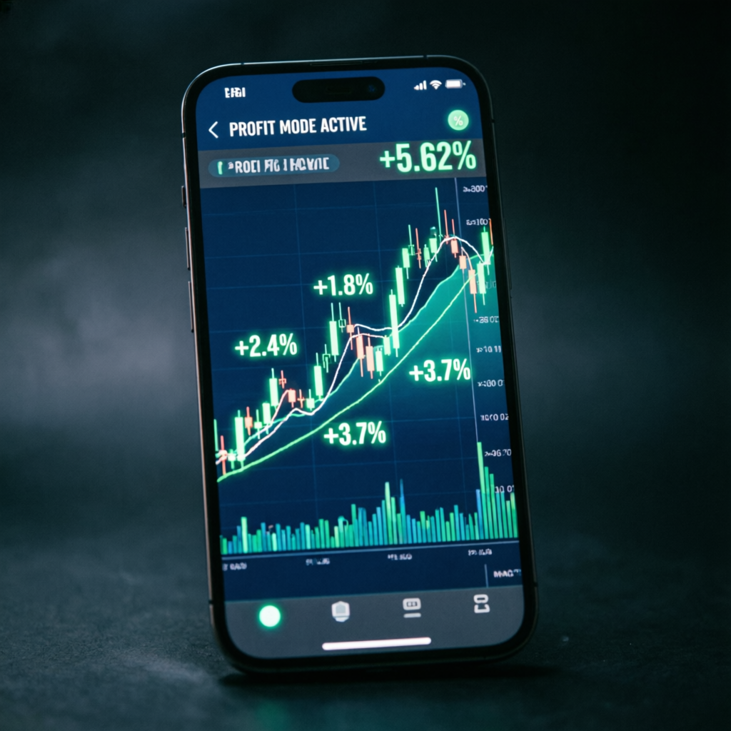 Mobile phone showing profitable forex trading charts