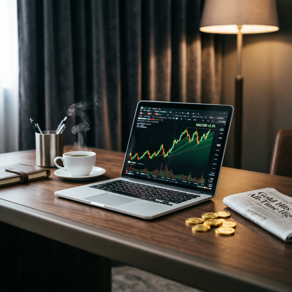 Premium trading setup with gold coins