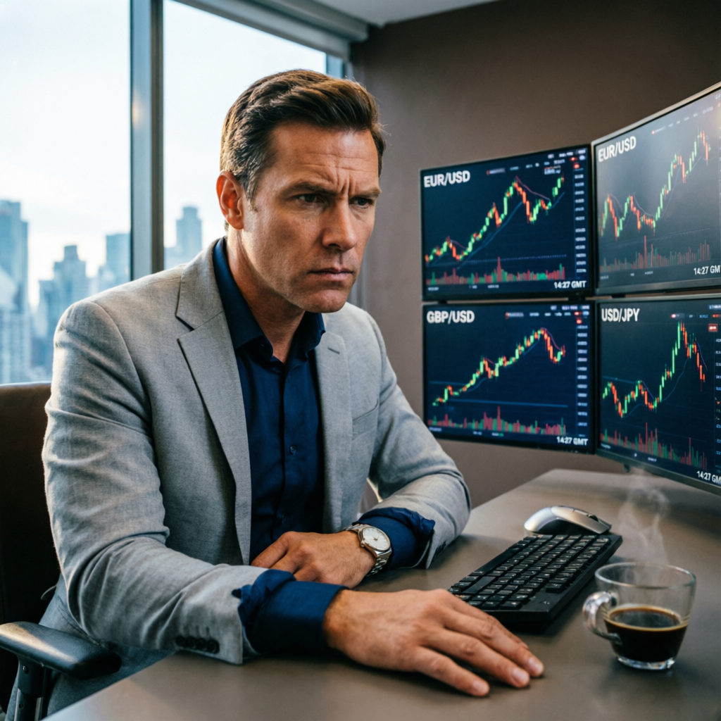 Professional trader analyzing multiple forex charts for prop firm challenge