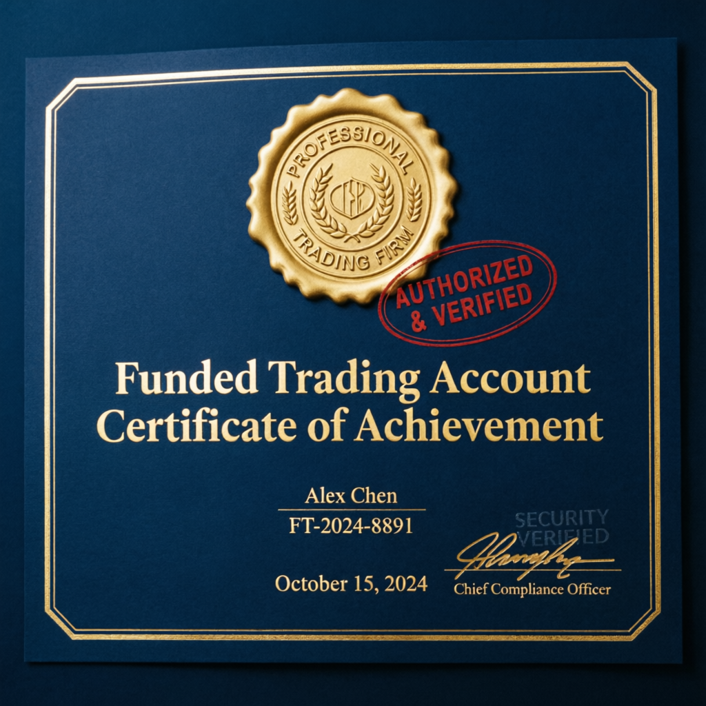 Funded trading account certificate of achievement from Hola Prime prop firm evaluation