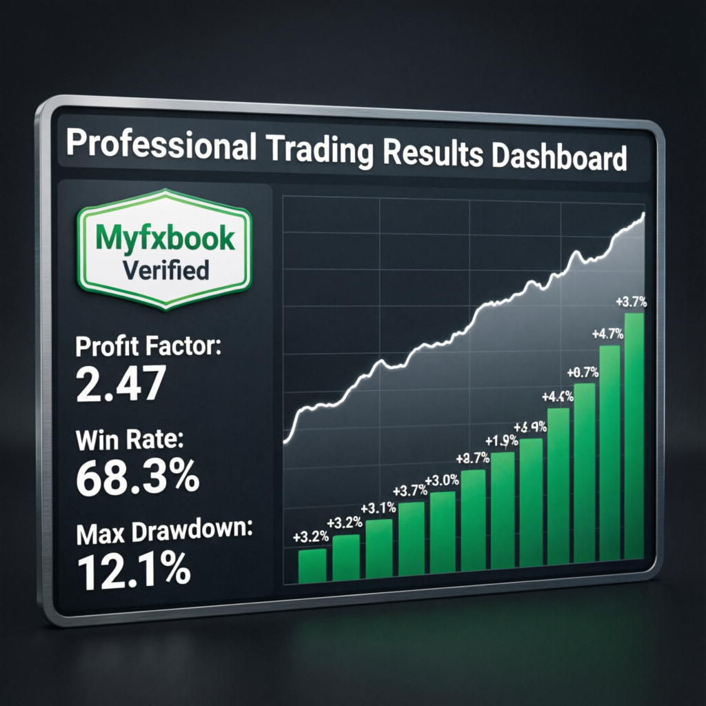 Professional trading results dashboard showing consistent profit growth with Myfxbook verified statistics for Hola Prime funded account