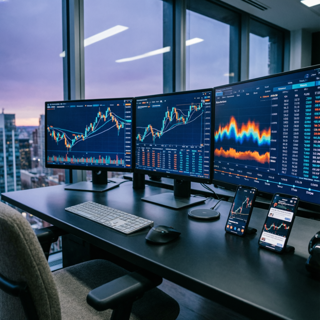 Professional Trading Desk with Multiple Monitors Displaying Forex Charts