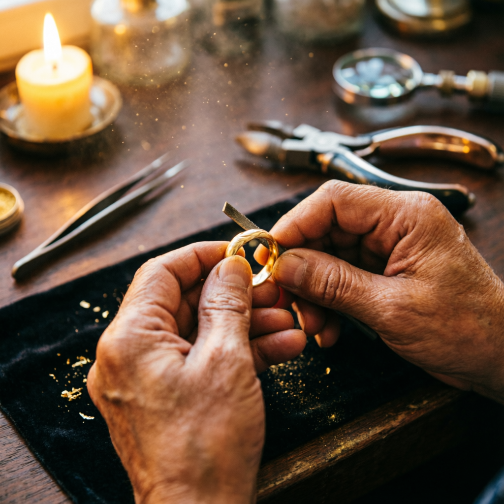 Manos del orfebre trabajando un anillo de oro