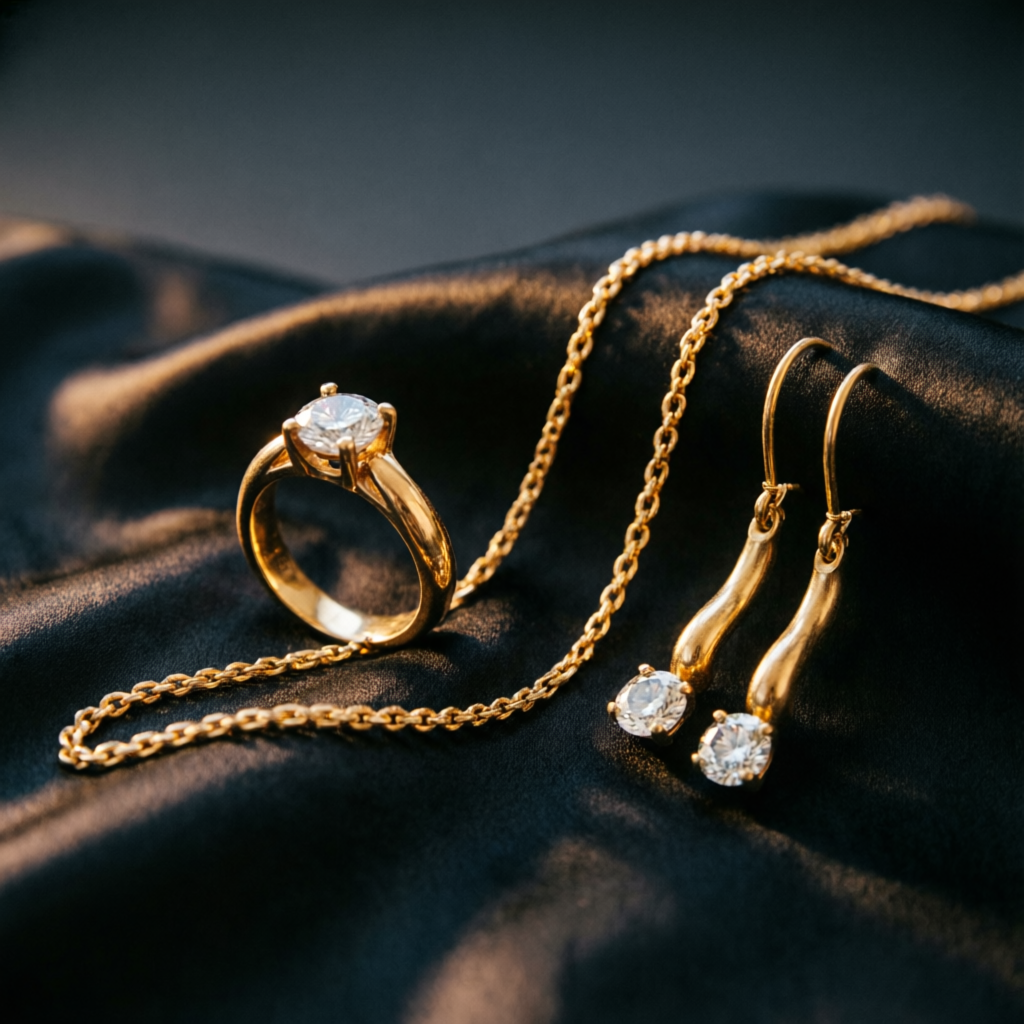 Joyería de oro sobre seda negra — La Casa del Orfebre