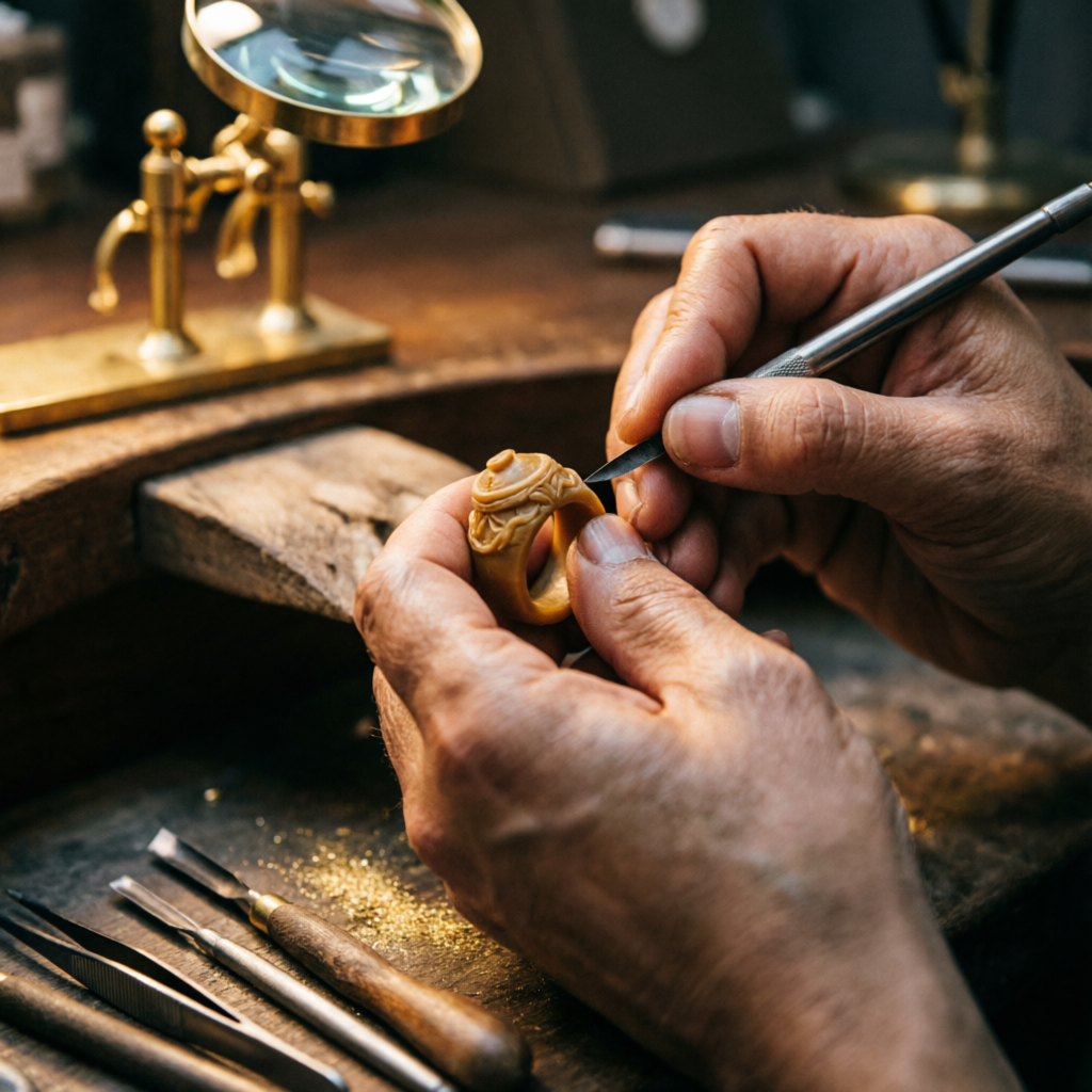 Artesano tallando un modelo de cera de anillo