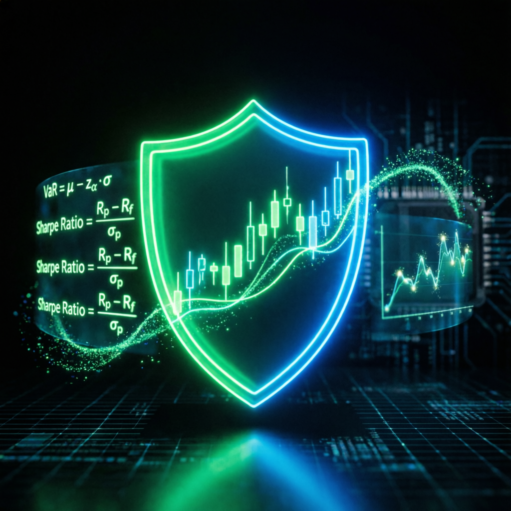 Risk management trading visualization with shield and mathematical formulas