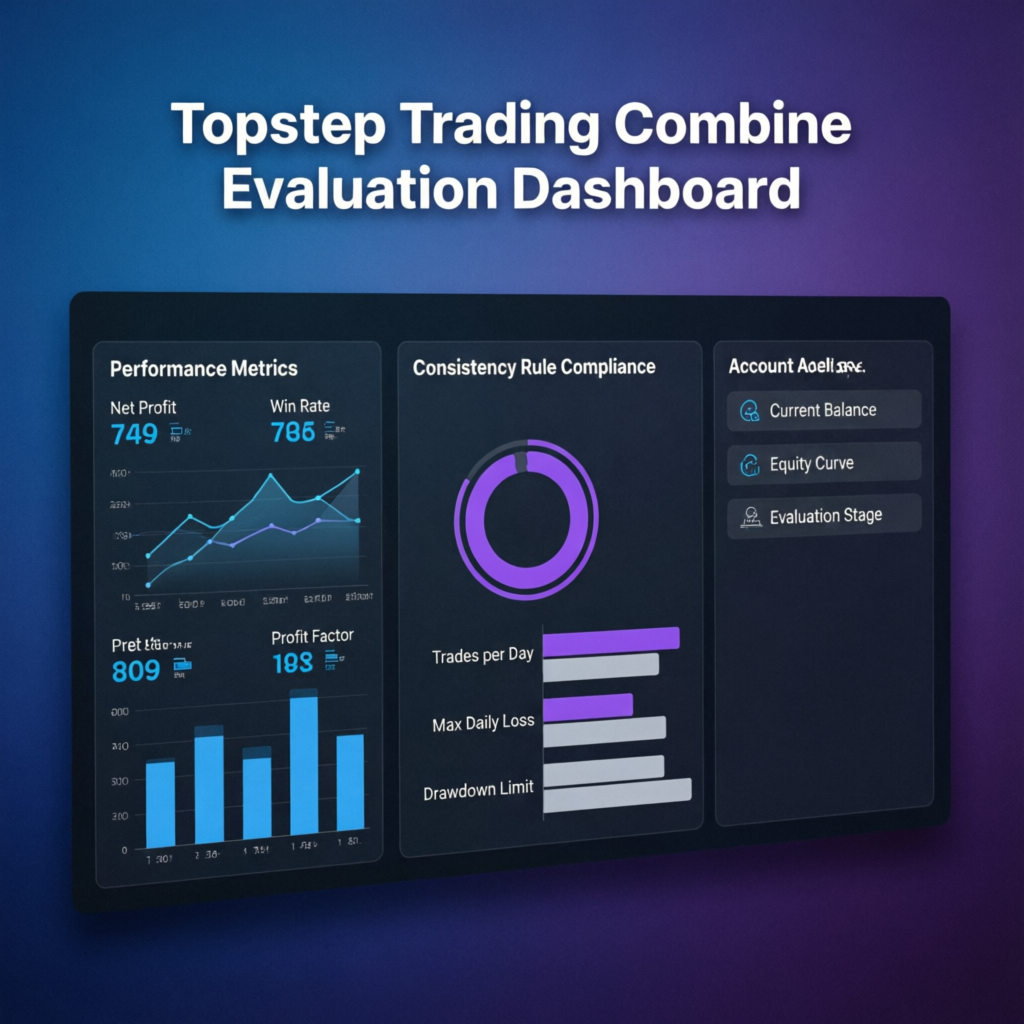 Topstep Trading Combine evaluation dashboard with performance metrics
