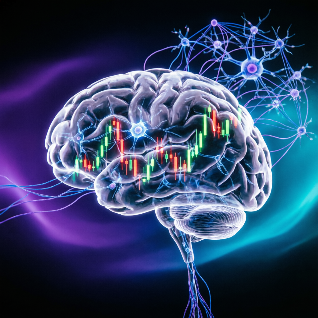 Trading psychology brain visualization with candlestick charts