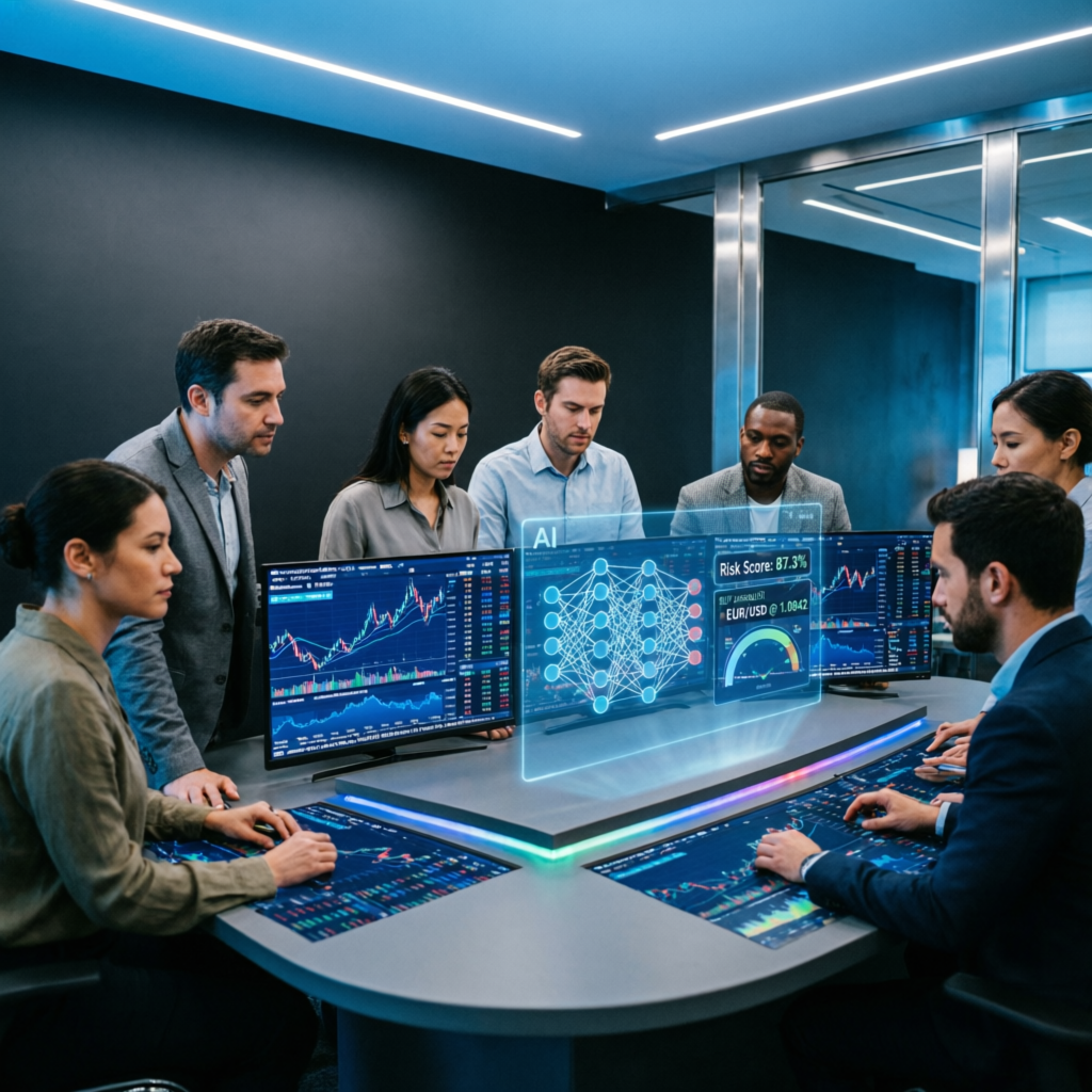 Professional trading team analyzing AI-powered risk management dashboard