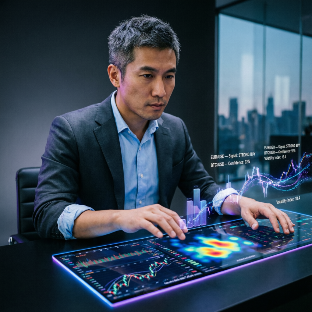 Professional forex trader analyzing AI trading signals on multiple screens