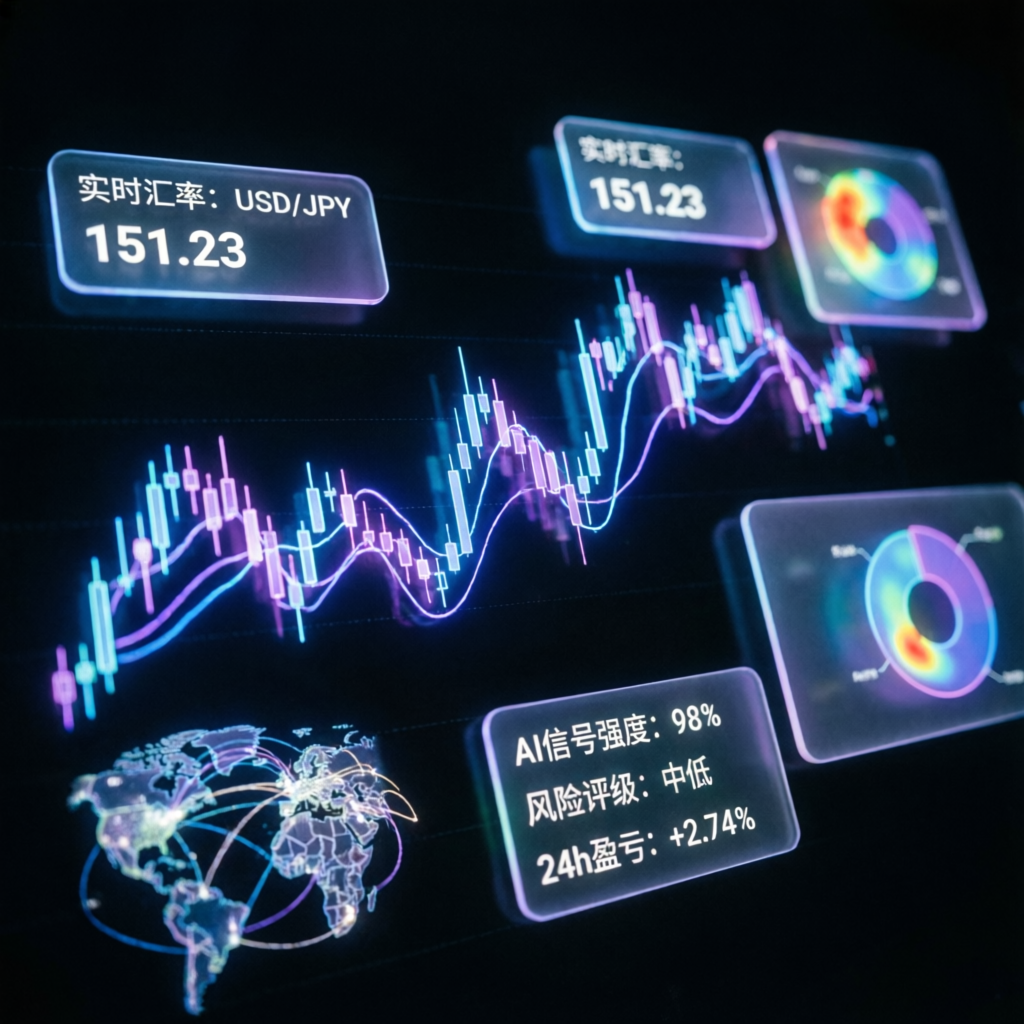 AI-powered forex trading dashboard with holographic charts