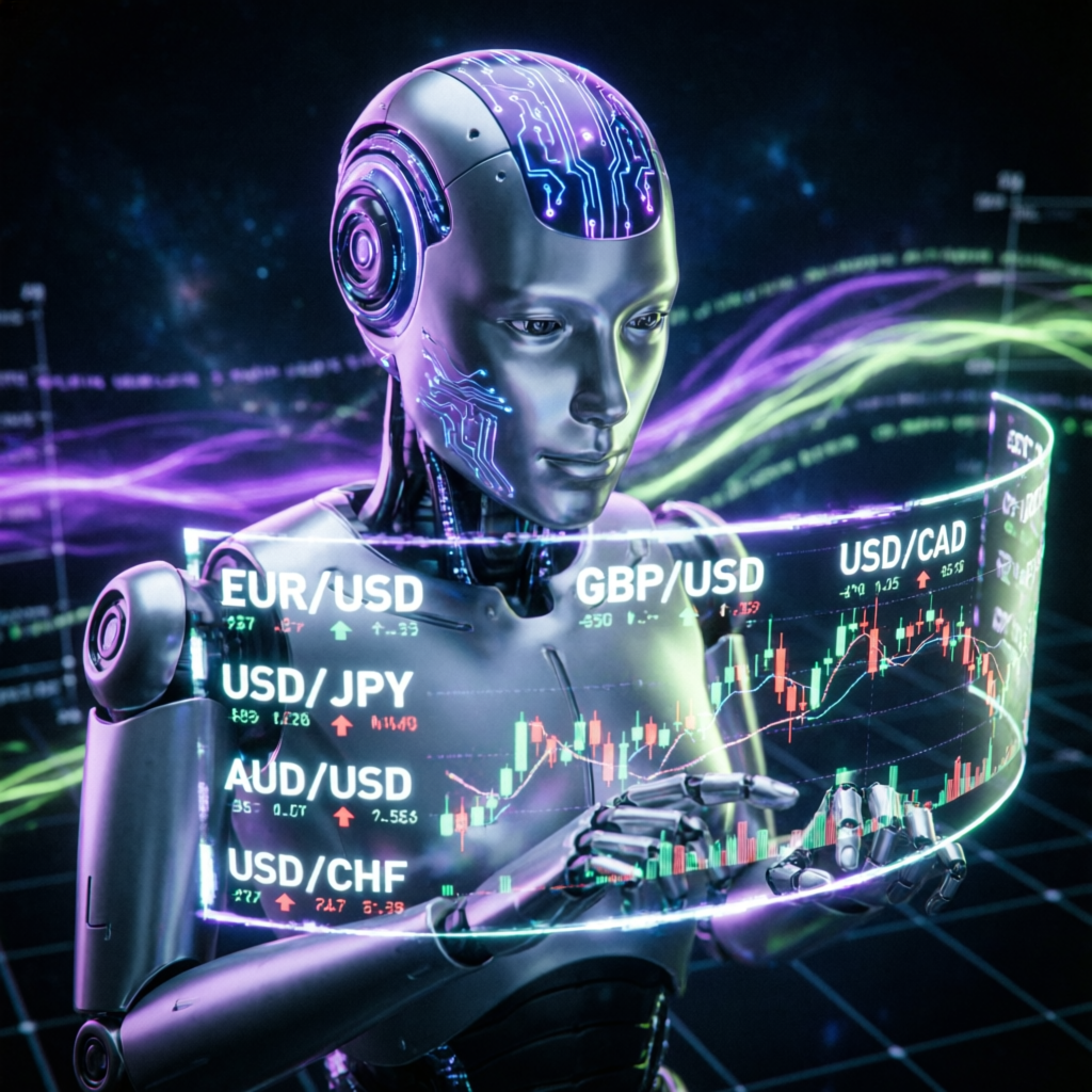 AI robot analyzing forex market data with holographic interface