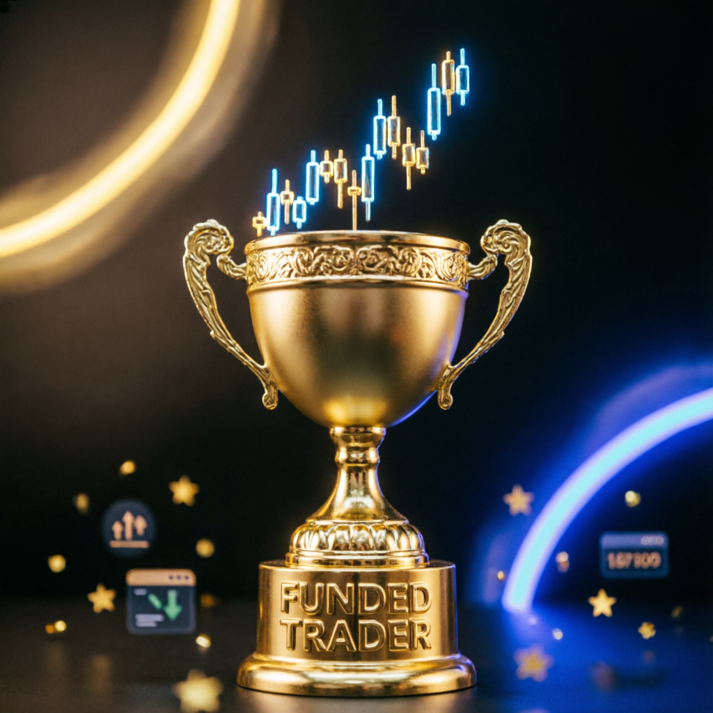 Funded trader trophy with candlestick charts rising from cup
