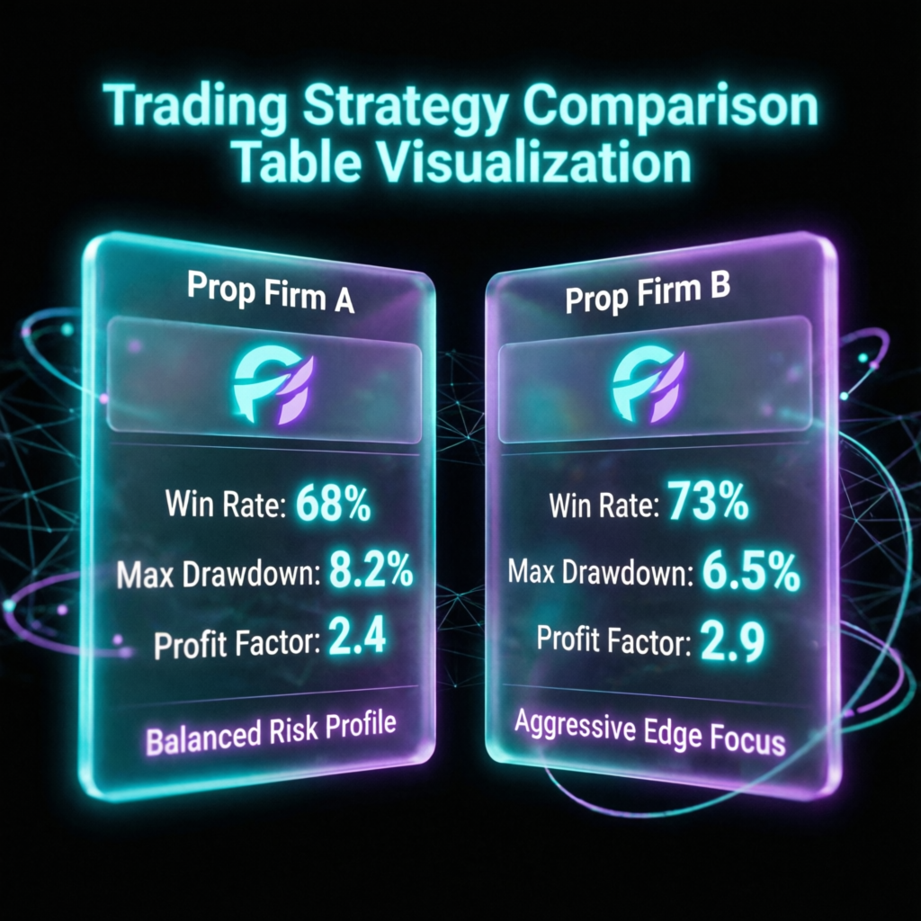 Trading strategy comparison table visualization with prop firm analysis