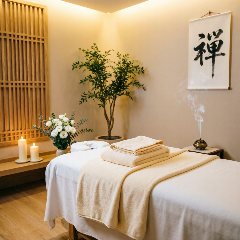 Luxury spa interior with warm lighting and massage table