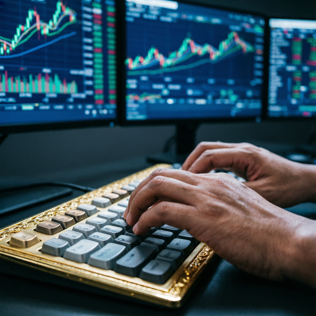 Trader hands on keyboard with multiple trading screens